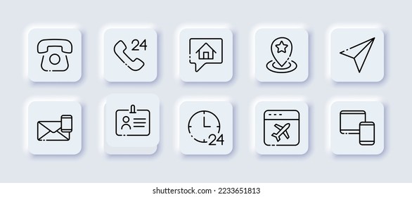 Contact us set icon. Location, handset, , pointer, send message, handset, calls, check mark, communication, airplane, correspondence, sms, fax. Phone concept. Neomorphism. Vector line icon