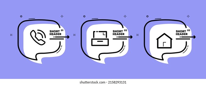 Póngase en contacto con nosotros para establecer un icono. Teléfono, fax, casa, oficina, teléfono, línea fija, documento. Medios de comunicación. Escala de tiempo de infografía con iconos y 3 pasos. Icono de línea de vector para negocios y publicidad.