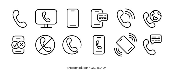 Contact us set icon. Phone, handset, calls all over the planet, communication, gear, review, emoticon, geolocation, gps. Phone concept. Vector black set icon on a white background