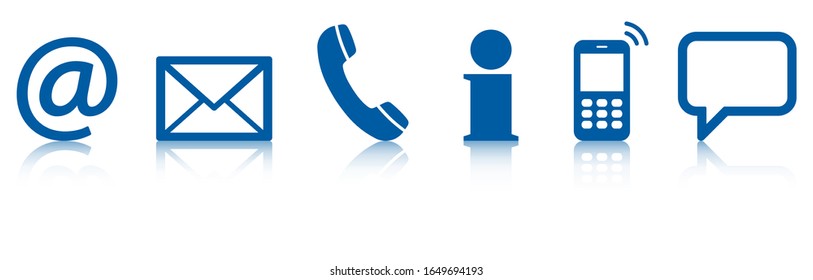 Contáctenos, conjunto de seis iconos azules con reflexión
