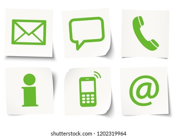 Contact Us, set of six colored icons on sticky notes