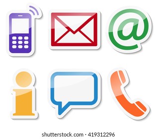 Contact Us, set of six colored icons with white frame and shadow