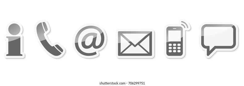 Contact Us, set of six gray colored icons with white frame and shadow