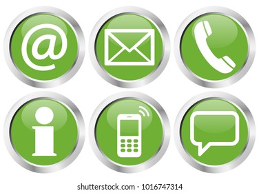 Contact Us, set of six white icons in round colored buttons

