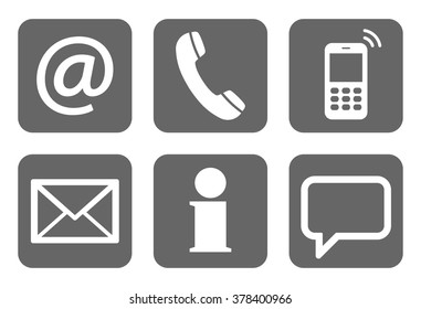 Contact Us, set of six white icons in gray boxes