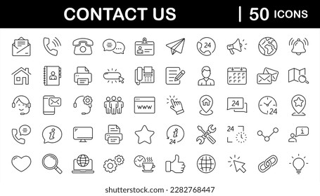 Contact us set of web icons in line style. Social Media network icons for web and mobile app. Customer service. Contact support sign and symbols. Call us, support, email, message, phone, info