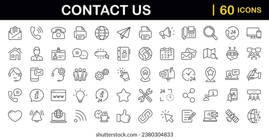 Contact us set of web icons in line style. Social Media network icons for web and mobile app. Customer service. Contact support sign and symbols. Call us, support, email, message, phone, info