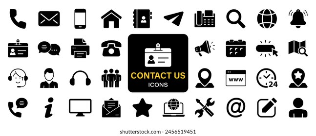 Contáctenos conjunto de iconos web. Iconos de redes sociales para el Web. Servicio al cliente. Símbolo de la Asistencia de contacto. Llámenos, Asistencia, correo electrónico, mensaje, teléfono, información. Iconos de vector sólido colección