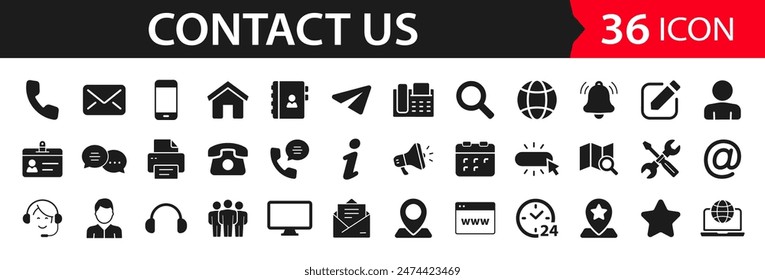 Contact us set of web icons. Social Media network icons for web. Customer service. Contact support sign and symbols. Call us, support, email, message, phone, info. Solid vector icons collection