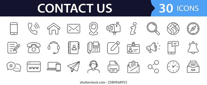 Contact us set of web icons in line style. Social Media network icons for web and mobile app. Customer service. Contact support sign and symbols. Call us, support, email, message, phone, info