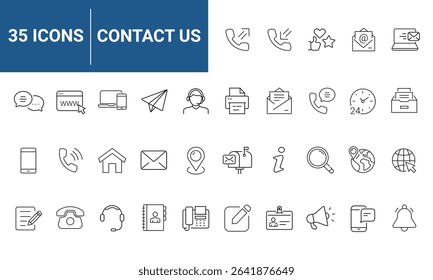 Contact us set of web icons in line style. Social Media network icons for web and mobile app. Customer service. Contact support sign and symbols. Call us, support, email, message, phone, info