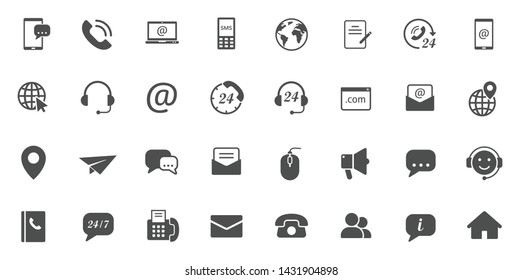 contact us silhouette vector icons large set isolated on white background. business communication concept. contact us black icons for web and ui design