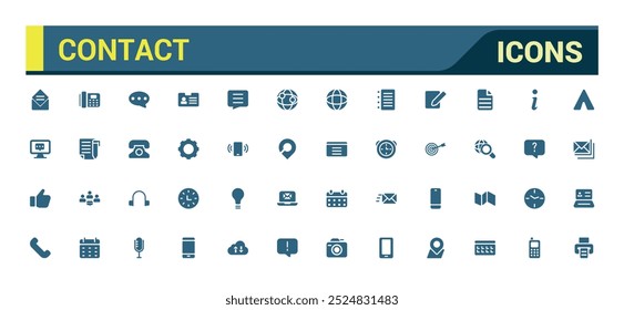 Contact us solid icon set. Containing phone, email, chat, smartphone, calendar icons. Glyph icon set for web and ui. Simple filled line vector.