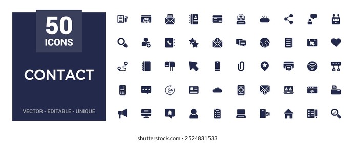 Contact us solid icon set. Containing phone, email, chat, smartphone, calendar icons. Glyph icon set for web and ui. Simple filled line vector.