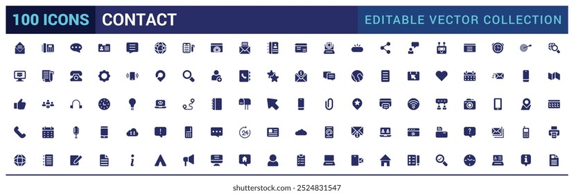 Kontaktieren Sie uns Solid Icon Set. Enthält Symbole für Telefon, E-Mail, Chat, Smartphone und Kalender. Glyphensymbolsatz für Web und ui. Einfach ausgefüllter Zeilenvektor.