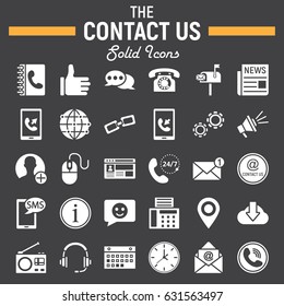 Contact us solid icon set, web button symbols collection, mobile and support vector sketches, logo illustrations, filled pictograms package isolated on black background, eps 10.