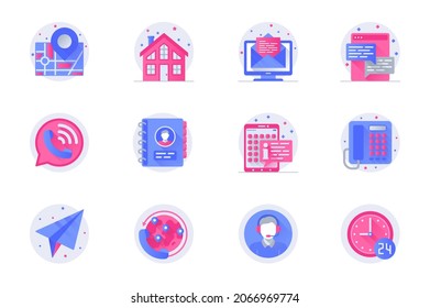 Contact us support concept web flat color icons with shadow set. Pack pictograms of email, chat, call, assistance, support and other. Vector illustration of symbols for website mobile app design