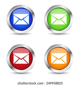 Contact us symbol and web button set with email icon on colorful silver badge vector EPS 10 illustration isolated on white background.