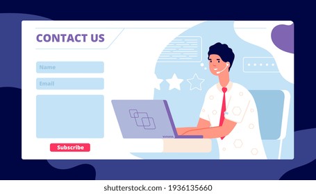 Contact us template. Corporate service page, business web banner. Support center client form, cartoon manager at computer utter vector design