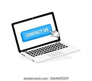 Contact us text on Laptop screen with a red button . Button with pointer clicking. Finger Pressing
