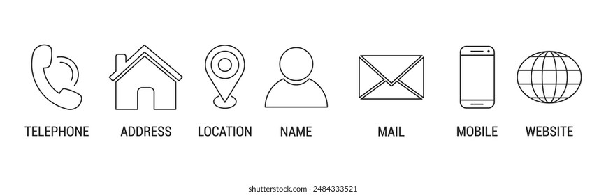 Contáctenos icono de línea delgada. Conjunto de iconos de Sitio web, hogar, llamada, correo electrónico, Dirección, ubicación, globo, mensaje de chat, correo, sobre, móvil, teléfono, información, Sitio web, icono, Ilustración vectorial.