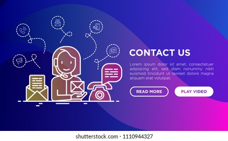 Contact us thin line icons: call center operator in headset is answering on email and phone call. Modern vector illustration, web page template on gradient background.