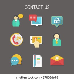 Contact us using phone call email website or mobile application flat icons set isolated vector illustration