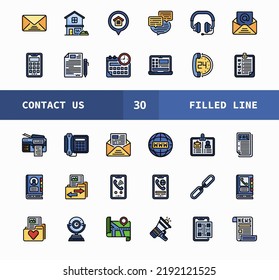 Contact Us Vector Filled line Icons Set. Call, Contact, Email, Message and more. Contact us icons. Can be used for digital product, presentation, print design and more.