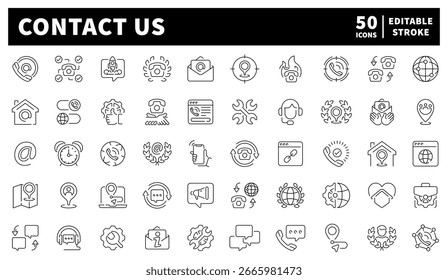 Contáctenos iconos vectoriales en estilo de línea. Contáctenos colección de iconos. Iconos relacionados con la Asistencia al cliente