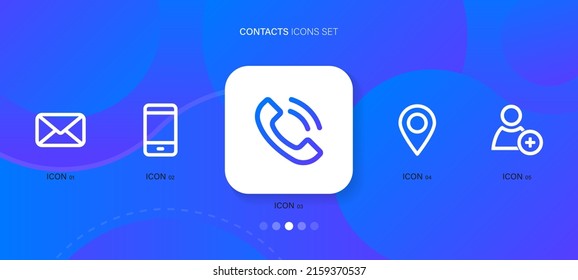 Contact Us Vector Icons. Mail, Phone, Location And Profile Data Symbols In Simple Linear Style On Blue Gradient Blackgraund. Vector EPS 10