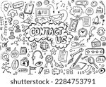 Contact us vector icons set, isolated doodles on white background