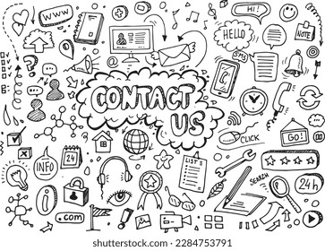 Contact us vector icons set, isolated doodles on white background