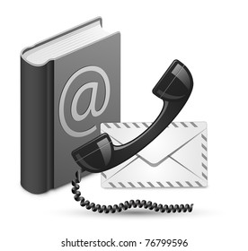 "Contact Us" vector illustration. Phone receiver, contact book and mail