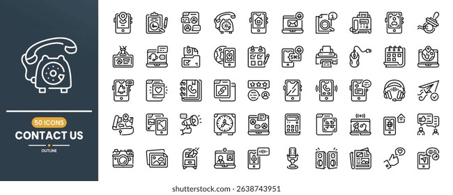 Contact us vector line icon set. Contains linear outline icons like Telephone, Mail, Support, Computer, Location, Chat, Fax, Message, Home, Phone, Agenda, Gallery. Editable use and stroke.
