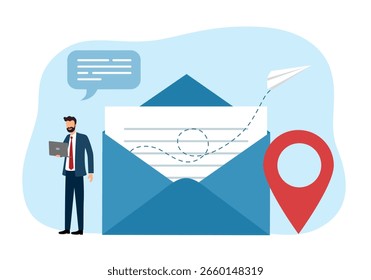 Contáctenos por correo electrónico, comuníquese con el Cliente o cliente, información comercial o canal para el concepto de contacto comercial, hombre de negocios con correo electrónico y pin de ubicación.