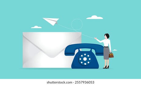 contact us via email illustration with businesswoman businessman standing next to mail and telephone to send message, businesswoman communication with customer or client, business information by email