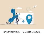 Contact us via email, phone or office location, communicate with customer or client, business information or channel for business contact concept, businessman with telephone, email and location pin.