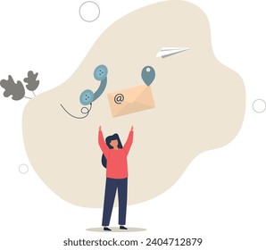 Contact us via email, phone or office location, communicate with customer or client, business information or channel for business contact concept.flat