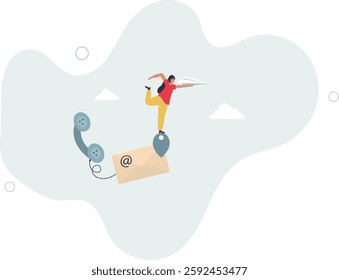 Contact us via email, phone or office location, communicate with customer or client, business information or channel for business contact concept.flat character life .