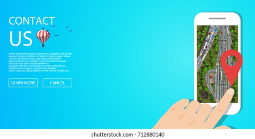Contact us web banner Hand holding White Smart phone with city map on blue background