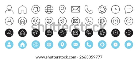 Contact us web big icon set. Business card icons. User, home, address, website, location, mail, telephone, settings, time, message. Editable stroke. Vector illustration.
