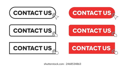 Contact Us Web Button in Red Rectangle and outline style. Computer mouse click cursor or arrow pointer symbol