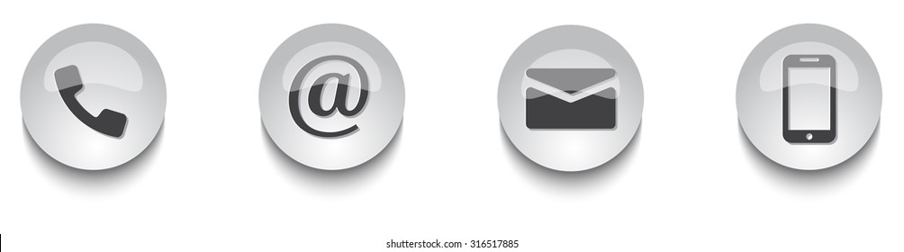 Contact us web button set. The following symbols are included: mail, phone, at, mobile/smartphone isolated on white background.EPS10 Vector illustration.