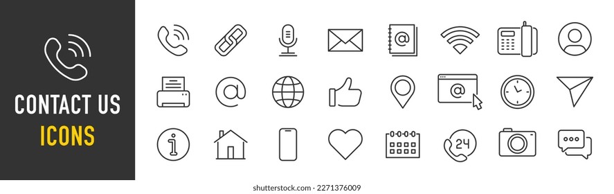 Contact Us web icons in line style. Web and mobile icon. Chat, point, chat, support, message, phone, globe, call, info collection. Vector illustration.