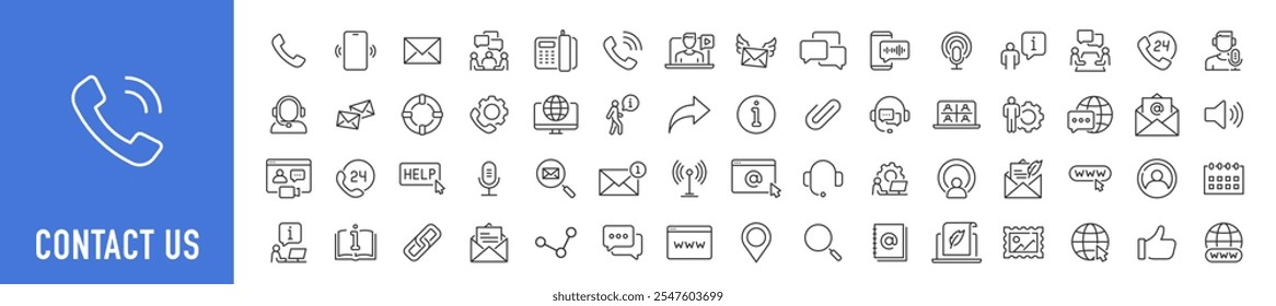 Contáctenos iconos web en estilo de línea. Web e ícono móvil. Chat, punto, chat, Asistencia, mensaje, teléfono, globo, llamada, colección de información. Ilustración vectorial.