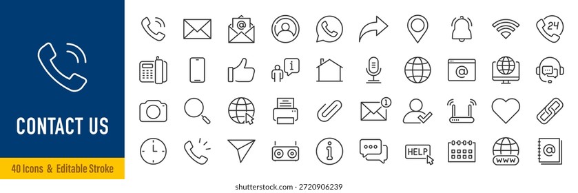 Contact Us web icons in line style. Web and mobile icon. Chat, point, chat, support, message, phone, globe, call, info collection. Editable stroke. Vector illustration.