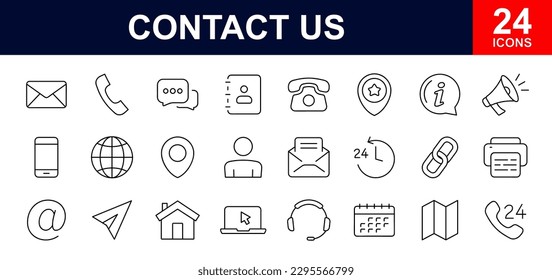 Contact us web icons set. Contact us - simple thin line icons collection. Containing mail, web site, chat, phone, email address, customer service, call symbol and more. Simple web icons set