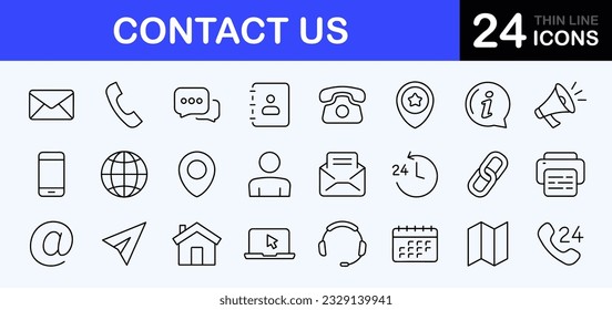 Contact us web icons set. Contact us - simple thin line icons collection. Containing mail, web site, chat, phone, email address, customer service, call symbol and more. Simple web icons set