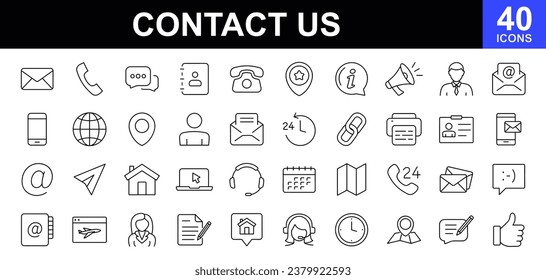 Contact us web icons set. Contact us - simple thin line icons collection. Containing mail, web site, chat, phone, email address, customer service, call symbol and more. Simple web icons set