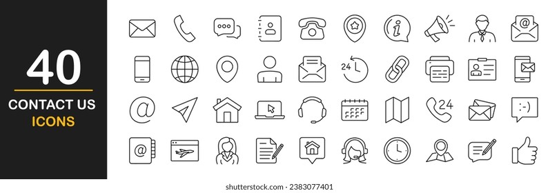 Contáctenos con el conjunto de iconos web. Contáctenos - colección simple de iconos de línea delgada. Conteniendo correo, sitio web, chat, teléfono, dirección de correo electrónico, servicio al cliente, símbolo de llamada y más. Conjunto simple de iconos web